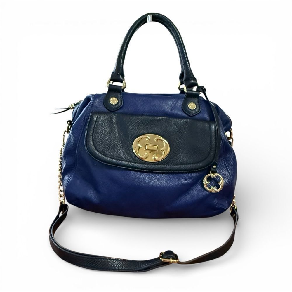 Emma Fox Indigo Blue Leather Handbag Purse Detachable Strap Gold Tone Hardware